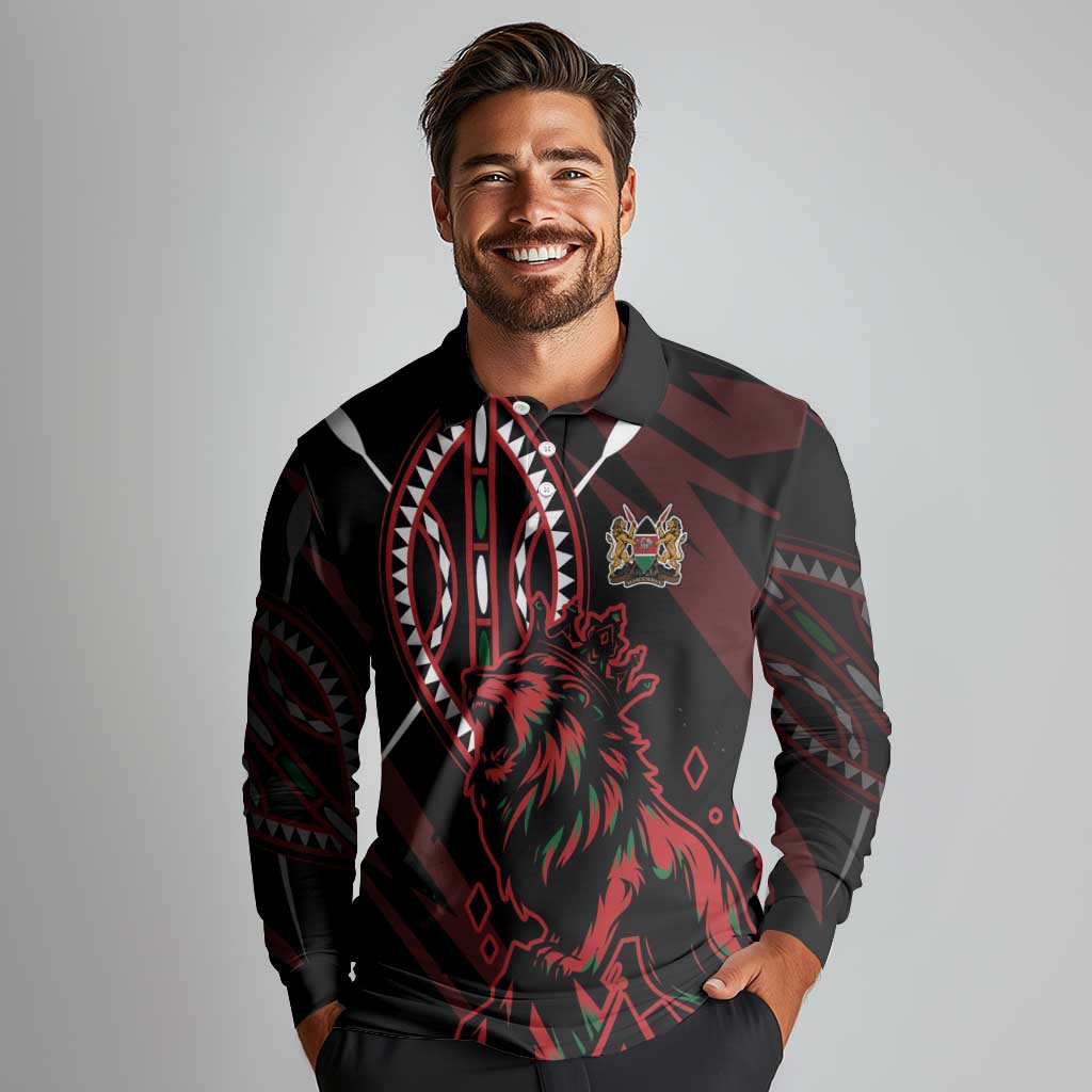 Kenya King Lion Personalized Long Sleeve Polo Shirt Stylized Maasai Shield - Wonder Print Shop