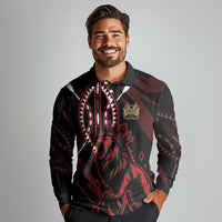 Kenya King Lion Personalized Long Sleeve Polo Shirt Stylized Maasai Shield - Wonder Print Shop