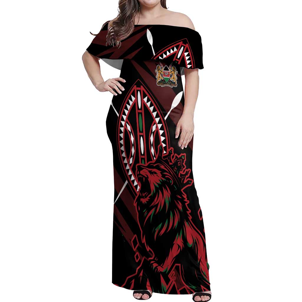 Kenya King Lion Personalized Off Shoulder Maxi Dress Stylized Maasai Shield - Wonder Print Shop