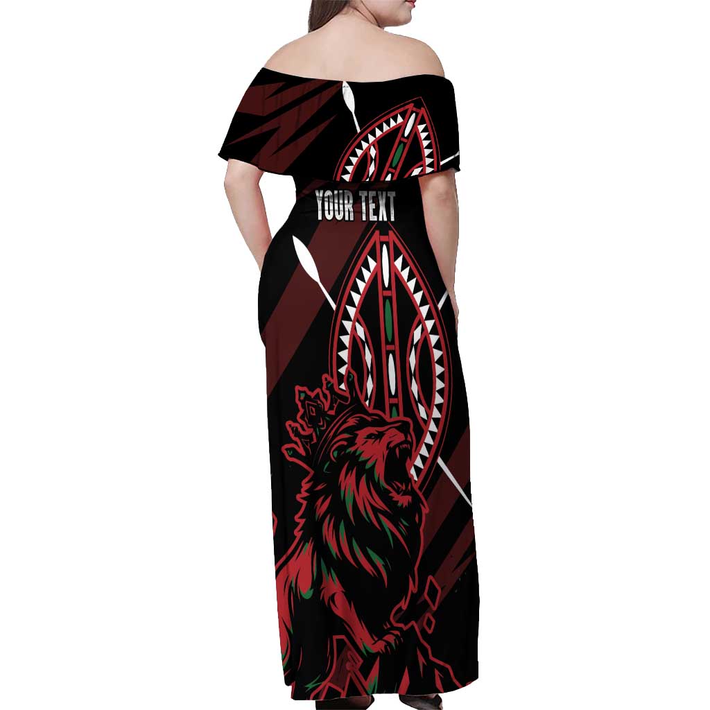 Kenya King Lion Personalized Off Shoulder Maxi Dress Stylized Maasai Shield - Wonder Print Shop