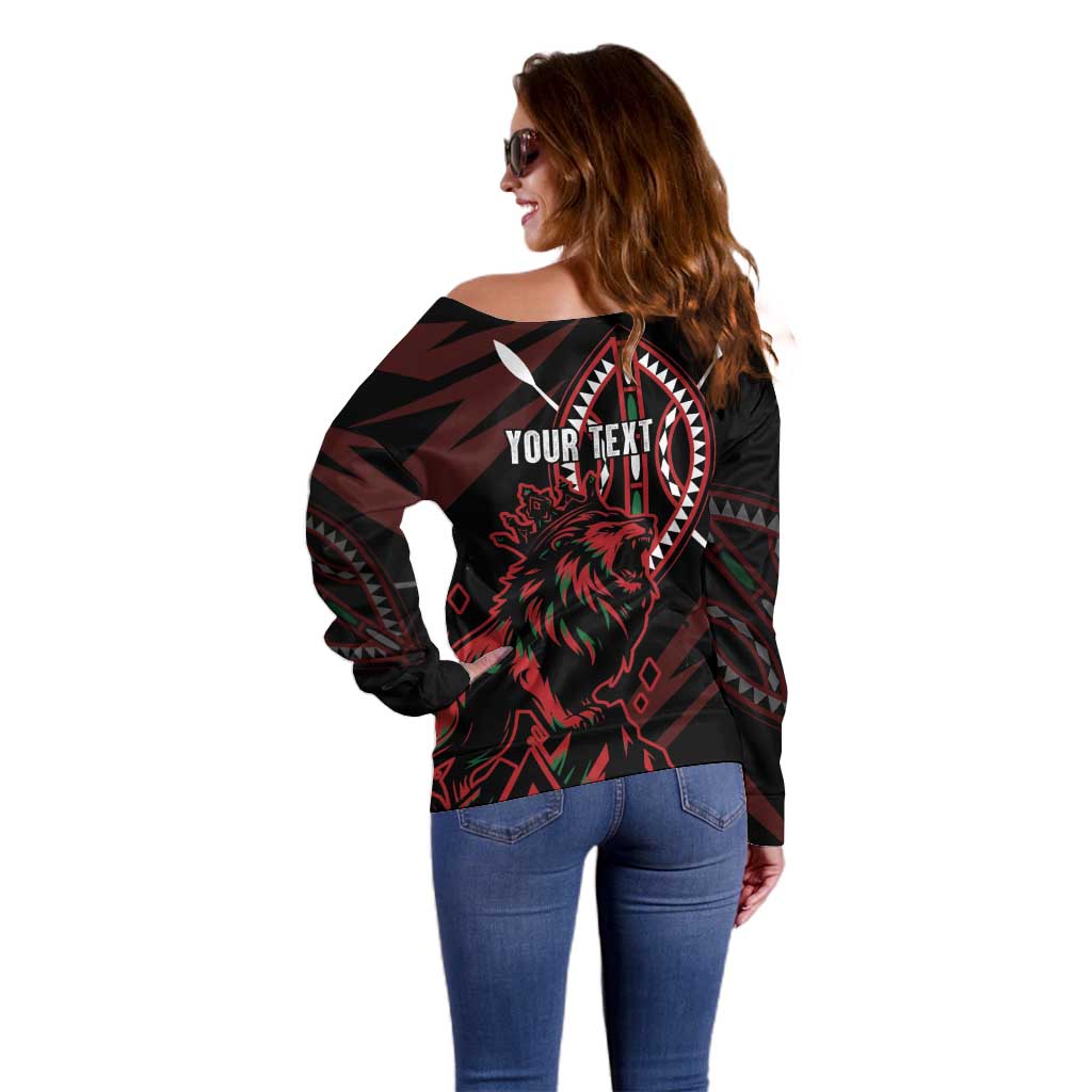 Kenya King Lion Personalized Off Shoulder Sweater Stylized Maasai Shield - Wonder Print Shop