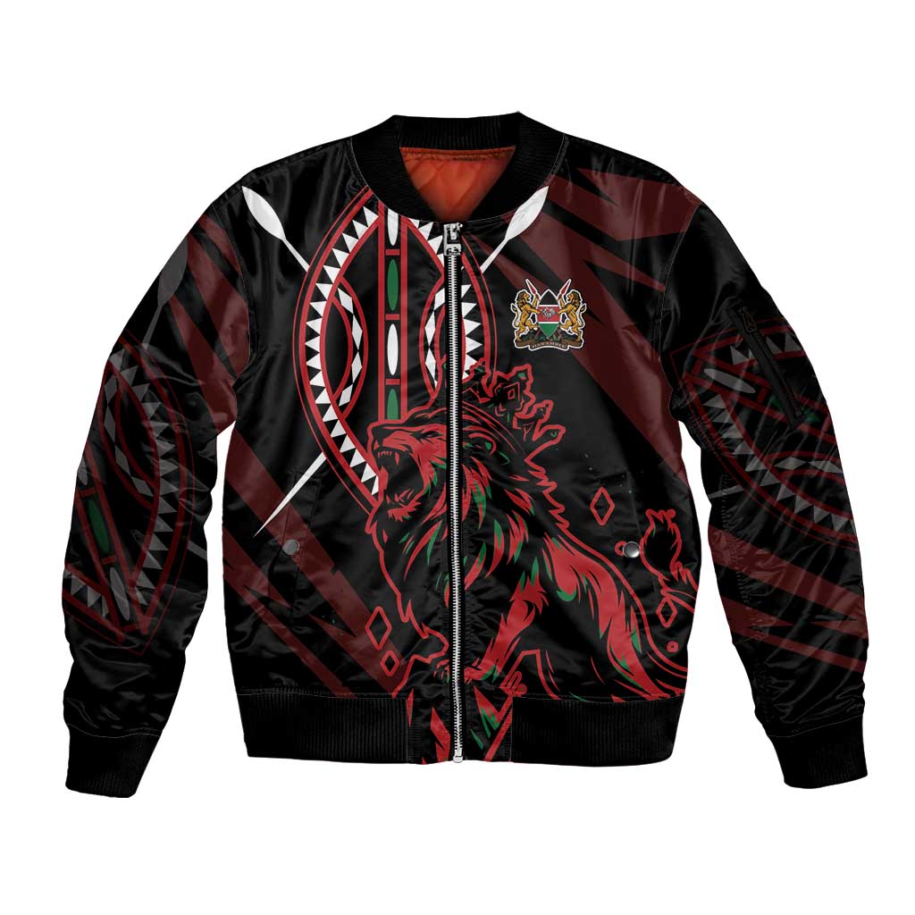 Kenya King Lion Personalized Sleeve Zip Bomber Jacket Stylized Maasai Shield - Wonder Print Shop
