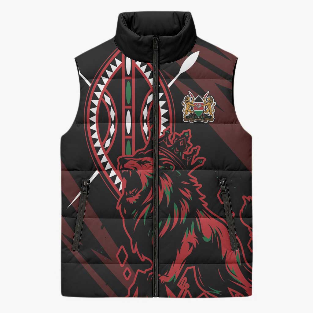 Kenya King Lion Personalized Sleeveless Puffer Jacket Stylized Maasai Shield - Wonder Print Shop