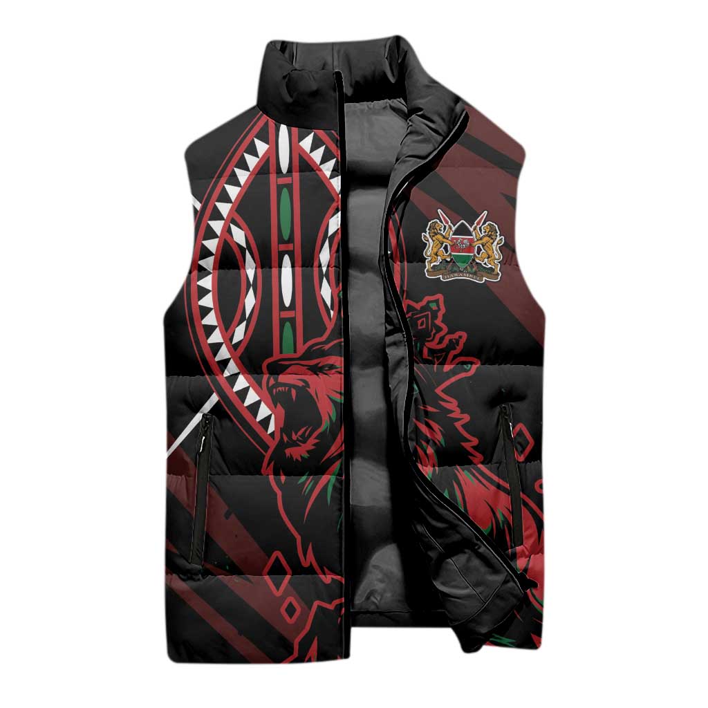 Kenya King Lion Personalized Sleeveless Puffer Jacket Stylized Maasai Shield - Wonder Print Shop