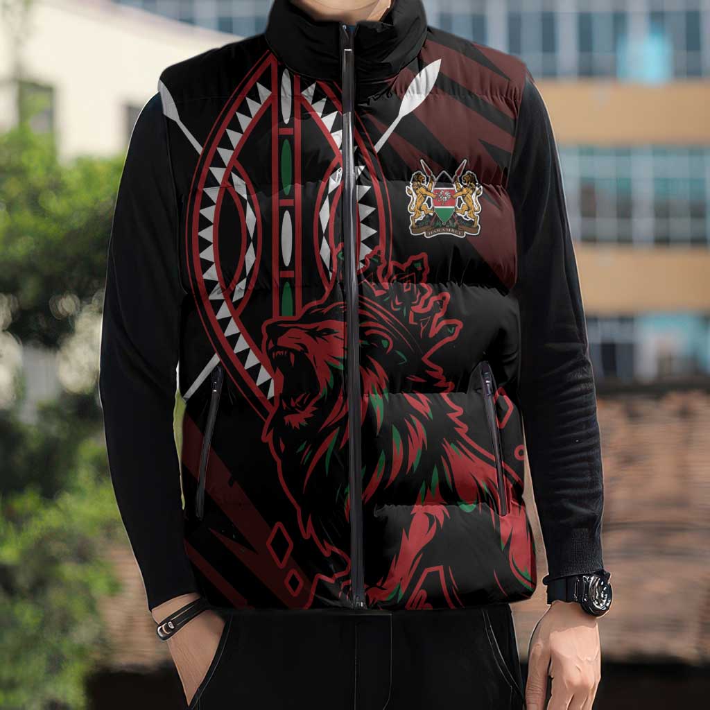 Kenya King Lion Personalized Sleeveless Puffer Jacket Stylized Maasai Shield - Wonder Print Shop