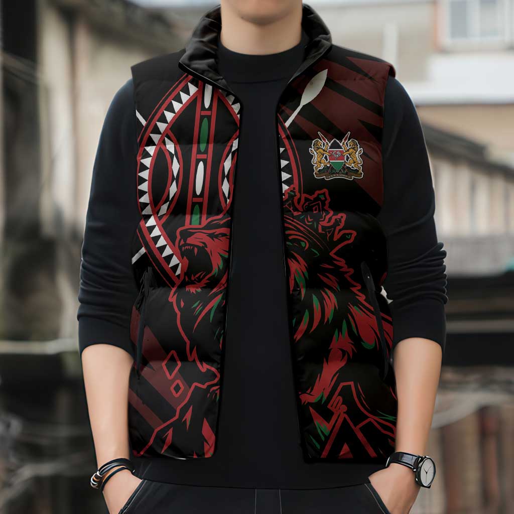 Kenya King Lion Personalized Sleeveless Puffer Jacket Stylized Maasai Shield - Wonder Print Shop
