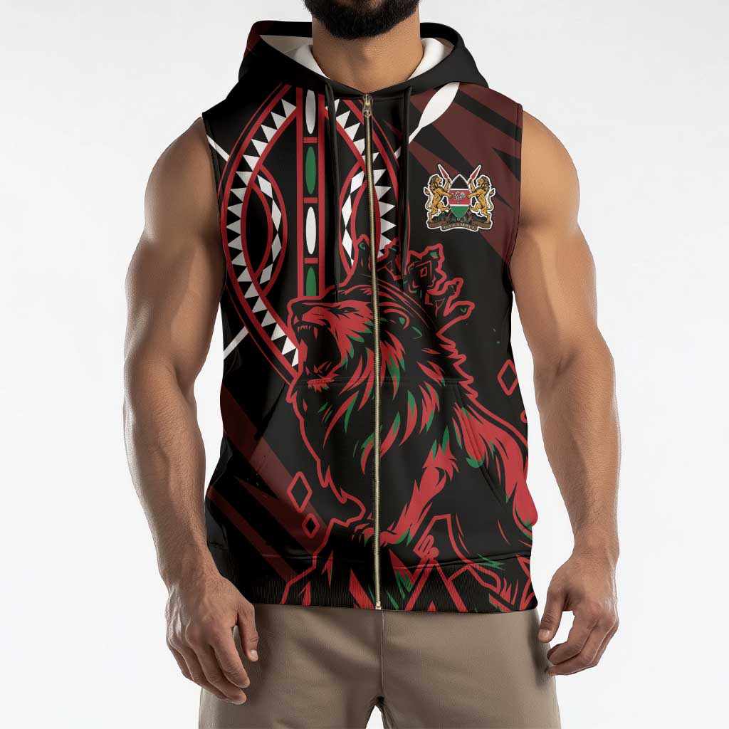 Kenya King Lion Personalized Sleeveless Zip Hoodie Stylized Maasai Shield - Wonder Print Shop