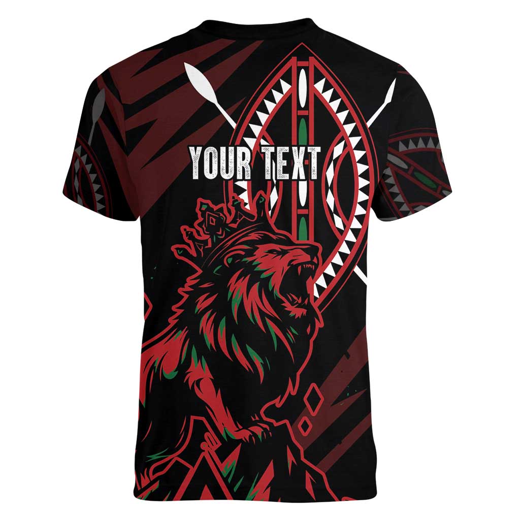 Kenya King Lion Personalized Women V-Neck T-Shirt Stylized Maasai Shield - Wonder Print Shop