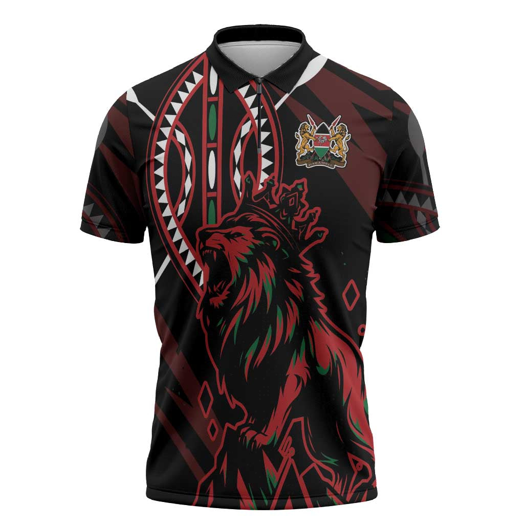 Kenya King Lion Personalized Zipper Polo Shirt Stylized Maasai Shield - Wonder Print Shop