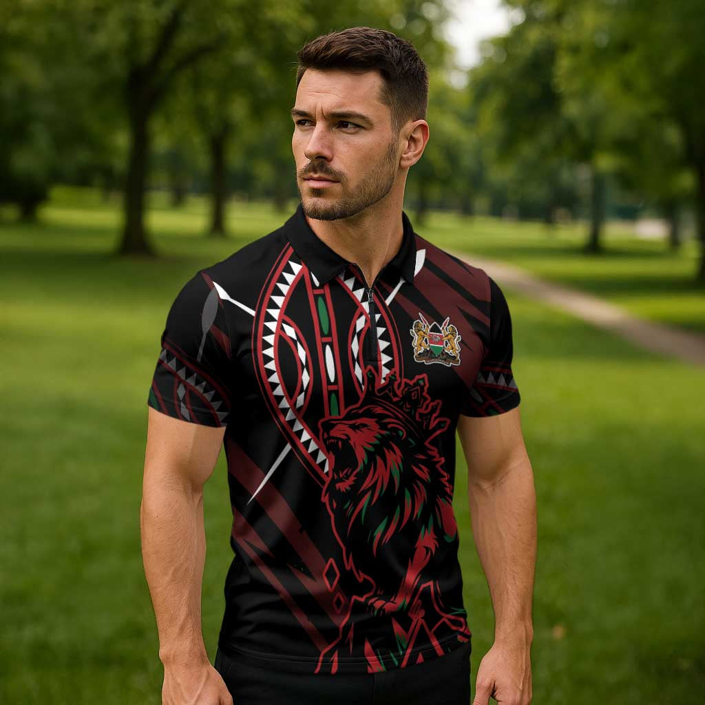 Kenya King Lion Personalized Zipper Polo Shirt Stylized Maasai Shield - Wonder Print Shop