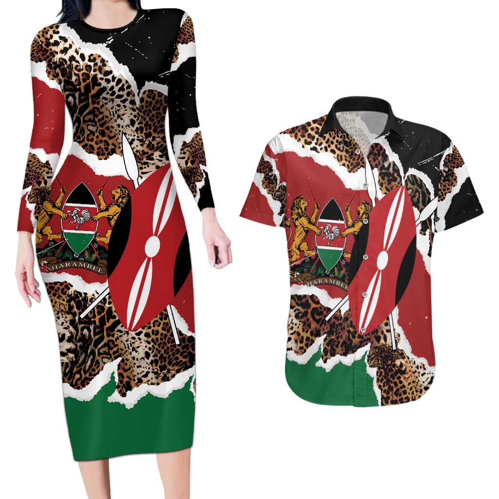 Kenya Grunge Couples Matching Long Sleeve Bodycon Dress and Hawaiian Shirt Mix Animal Skin Pattern - Wonder Print Shop