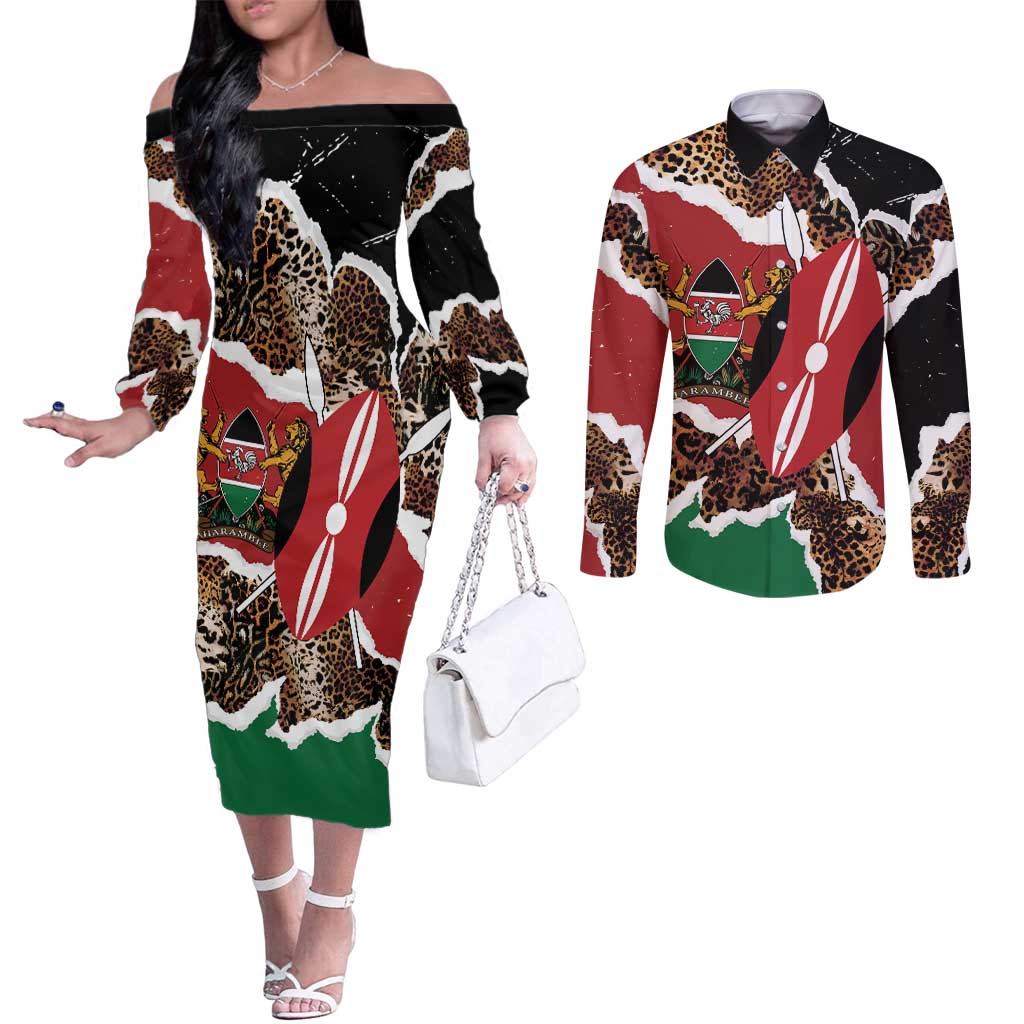 Kenya Grunge Couples Matching Off The Shoulder Long Sleeve Dress and Long Sleeve Button Shirt Mix Animal Skin Pattern - Wonder Print Shop
