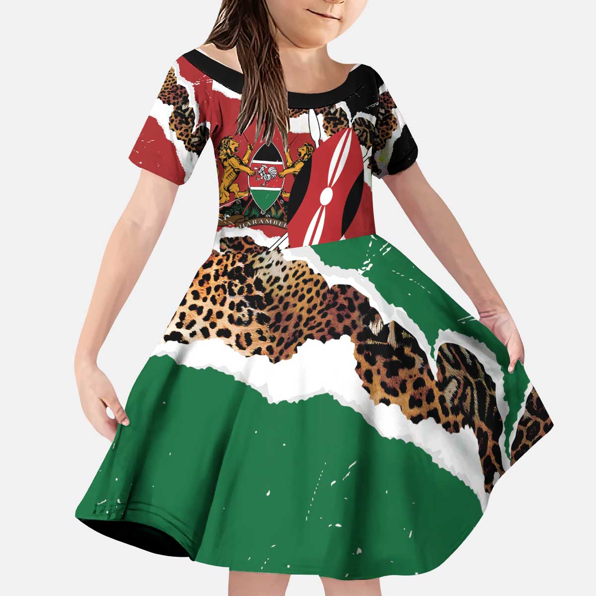 Kenya Grunge Kid Short Sleeve Dress Mix Animal Skin Pattern - Wonder Print Shop
