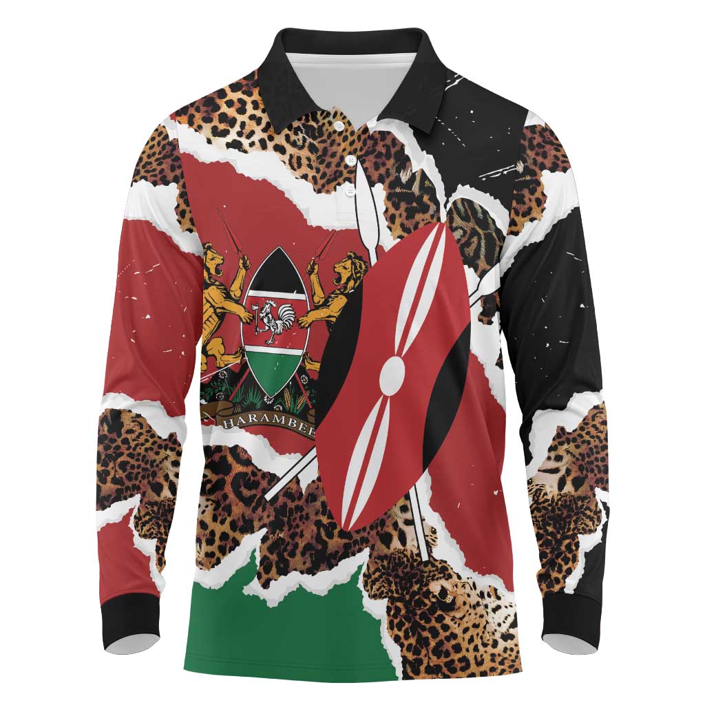 Kenya Grunge Long Sleeve Polo Shirt Mix Animal Skin Pattern - Wonder Print Shop