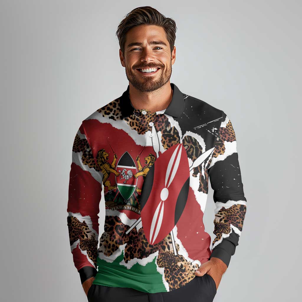 Kenya Grunge Long Sleeve Polo Shirt Mix Animal Skin Pattern - Wonder Print Shop