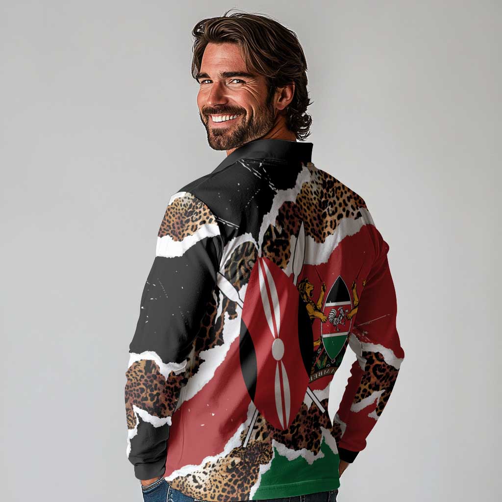 Kenya Grunge Long Sleeve Polo Shirt Mix Animal Skin Pattern - Wonder Print Shop
