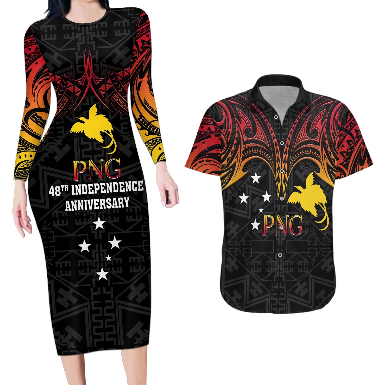 Papua New Guinea Couples Matching Long Sleeve Bodycon Dress and Hawaiian Shirt 48th Independence Anniversary Gradient LT7 - Wonder Print Shop