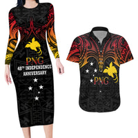Papua New Guinea Couples Matching Long Sleeve Bodycon Dress and Hawaiian Shirt 48th Independence Anniversary Gradient LT7 - Wonder Print Shop