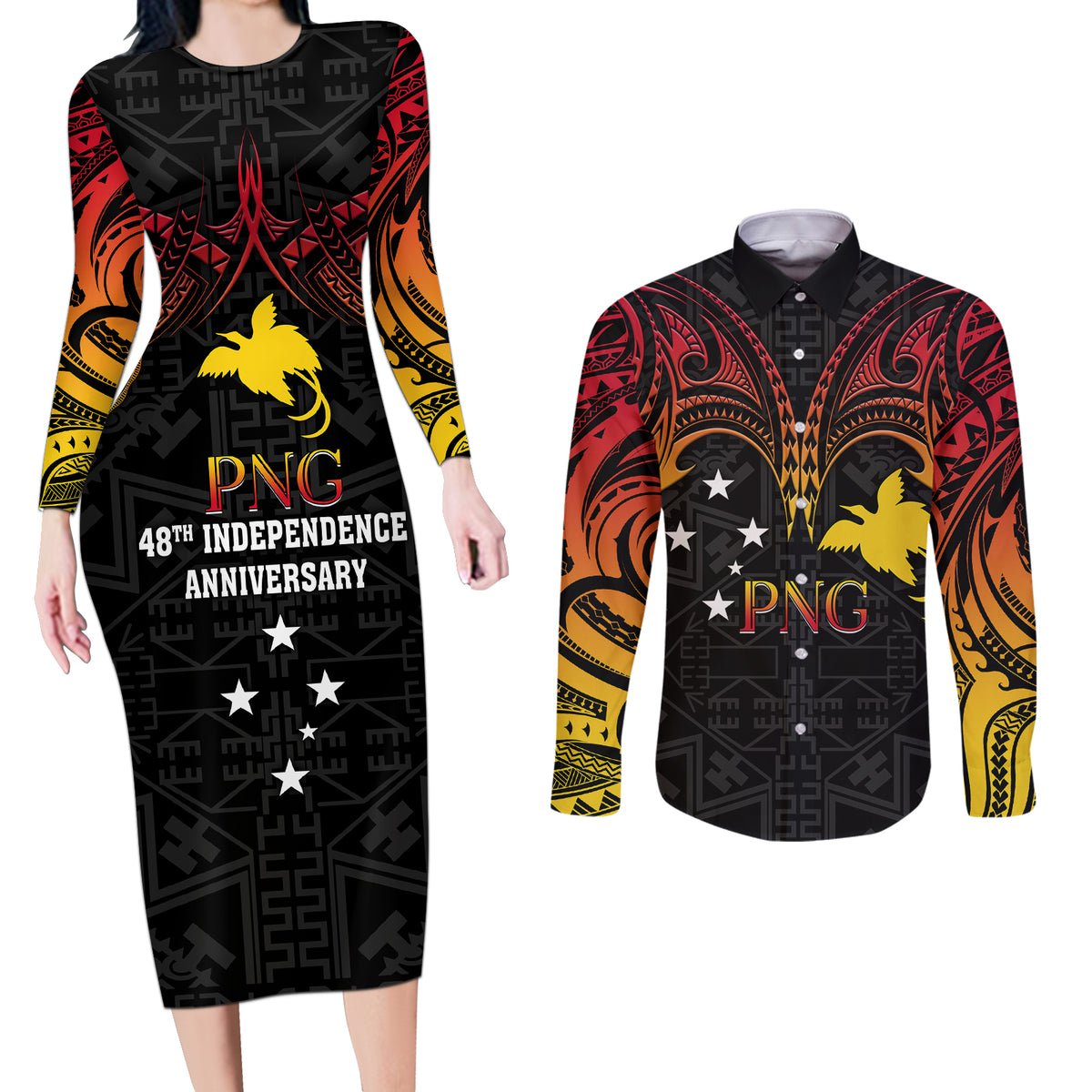 Papua New Guinea Couples Matching Long Sleeve Bodycon Dress and Long Sleeve Button Shirts 48th Independence Anniversary Gradient LT7 - Wonder Print Shop