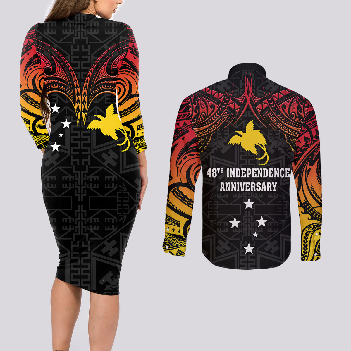 Papua New Guinea Couples Matching Long Sleeve Bodycon Dress and Long Sleeve Button Shirts 48th Independence Anniversary Gradient LT7 - Wonder Print Shop