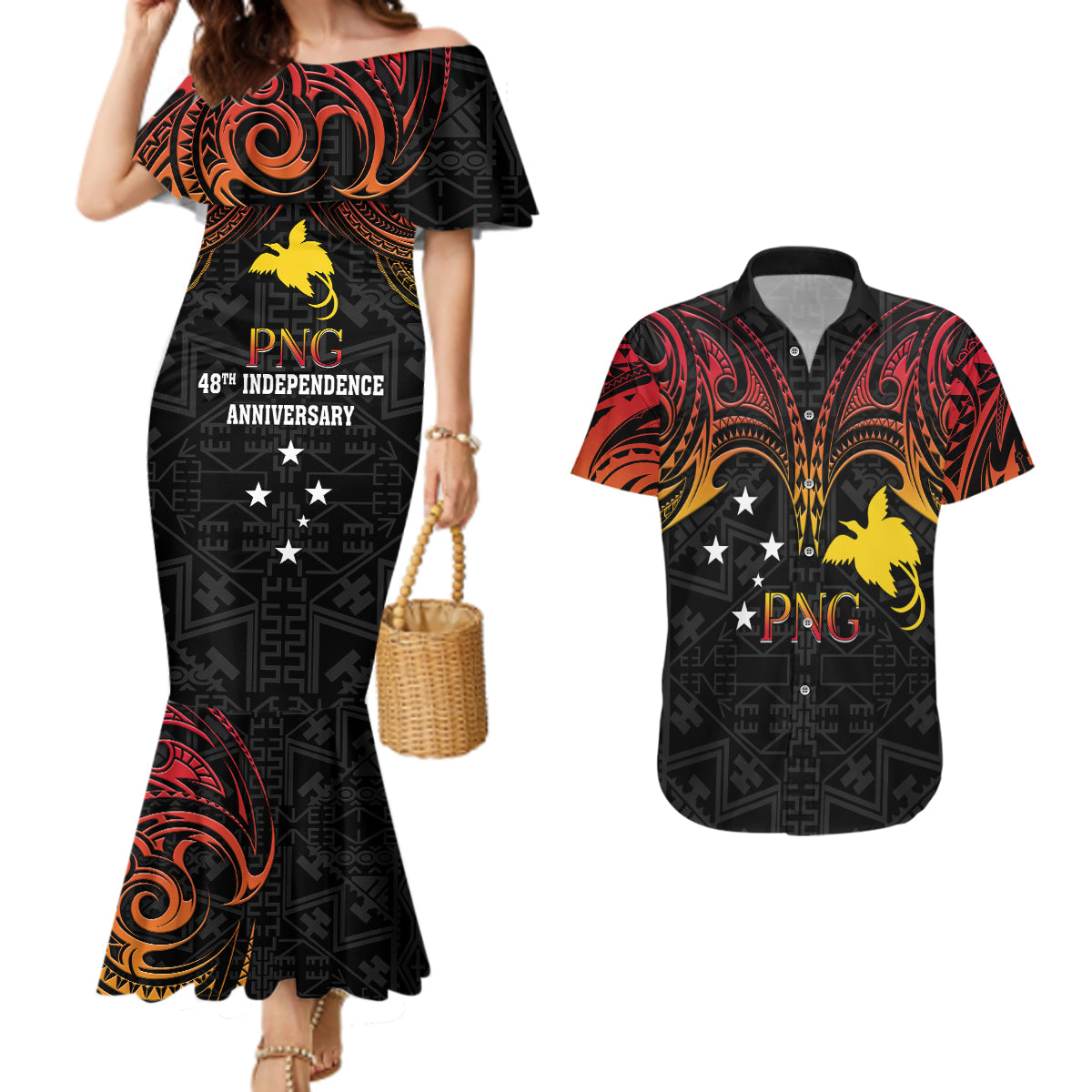 Papua New Guinea Couples Matching Mermaid Dress and Hawaiian Shirt 48th Independence Anniversary Gradient LT7 - Wonder Print Shop