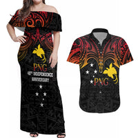 Papua New Guinea Couples Matching Off Shoulder Maxi Dress and Hawaiian Shirt 48th Independence Anniversary Gradient LT7 - Wonder Print Shop