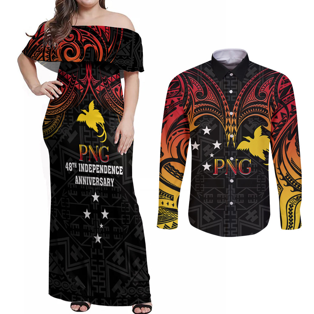 Papua New Guinea Couples Matching Off Shoulder Maxi Dress and Long Sleeve Button Shirts 48th Independence Anniversary Gradient LT7 - Wonder Print Shop