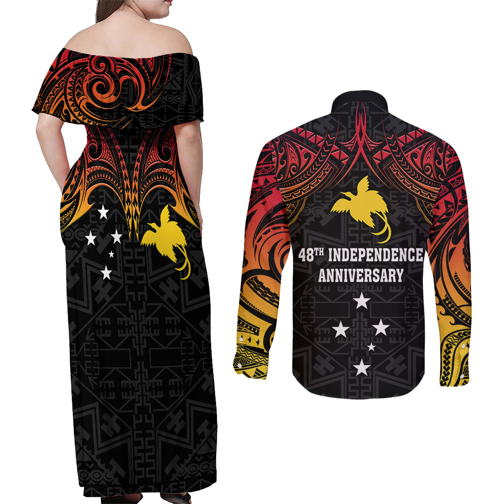 Papua New Guinea Couples Matching Off Shoulder Maxi Dress and Long Sleeve Button Shirts 48th Independence Anniversary Gradient LT7 - Wonder Print Shop
