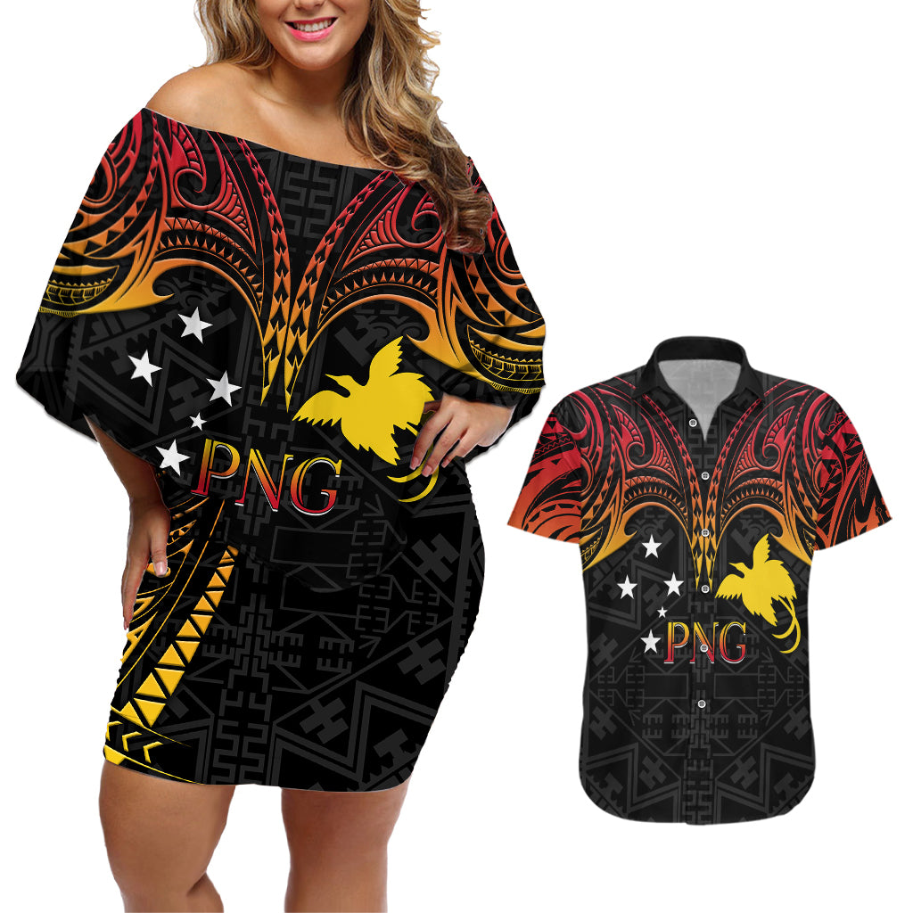 Papua New Guinea Couples Matching Off Shoulder Short Dress and Hawaiian Shirt 48th Independence Anniversary Gradient LT7 - Wonder Print Shop