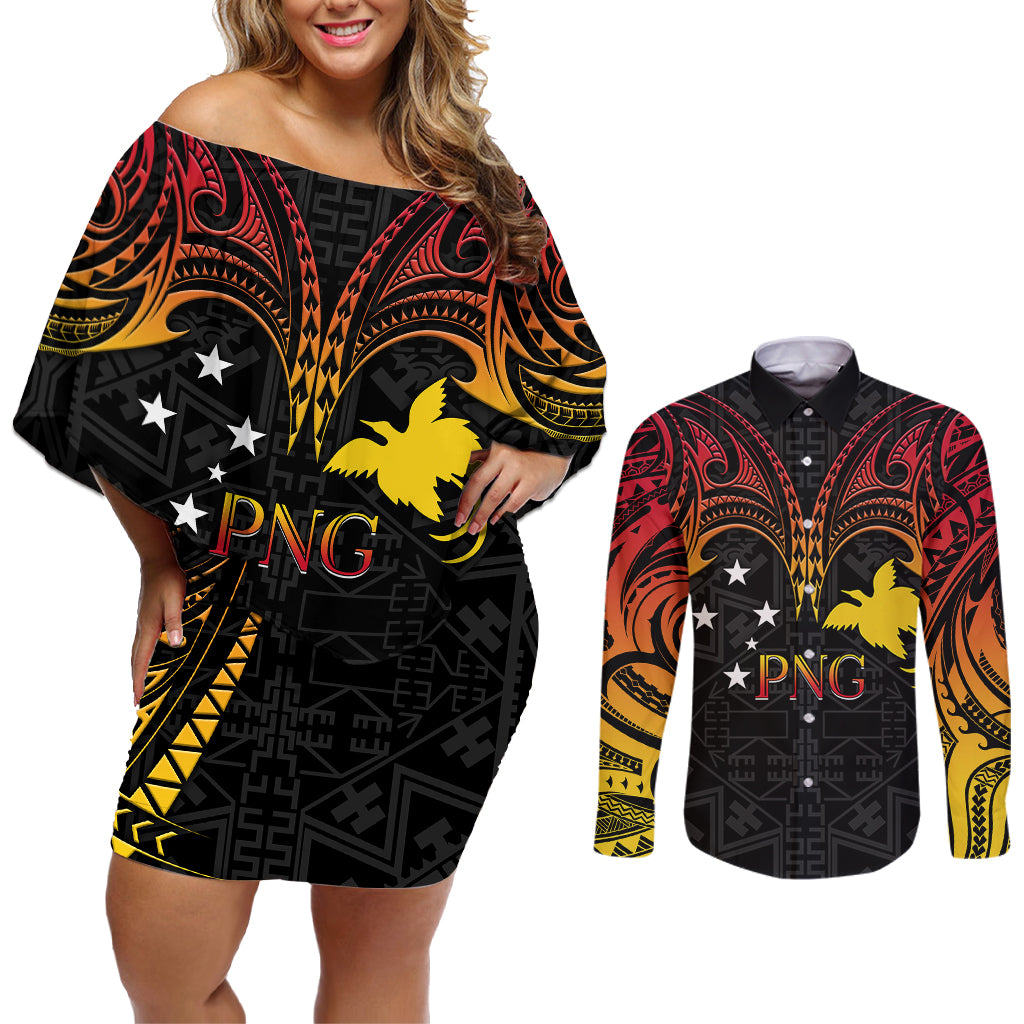 Papua New Guinea Couples Matching Off Shoulder Short Dress and Long Sleeve Button Shirts 48th Independence Anniversary Gradient LT7 - Wonder Print Shop