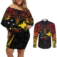 Papua New Guinea Couples Matching Off Shoulder Short Dress and Long Sleeve Button Shirts 48th Independence Anniversary Gradient LT7 - Wonder Print Shop