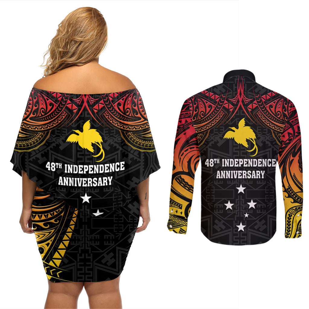Papua New Guinea Couples Matching Off Shoulder Short Dress and Long Sleeve Button Shirts 48th Independence Anniversary Gradient LT7 - Wonder Print Shop