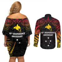 Papua New Guinea Couples Matching Off Shoulder Short Dress and Long Sleeve Button Shirts 48th Independence Anniversary Gradient LT7 - Wonder Print Shop