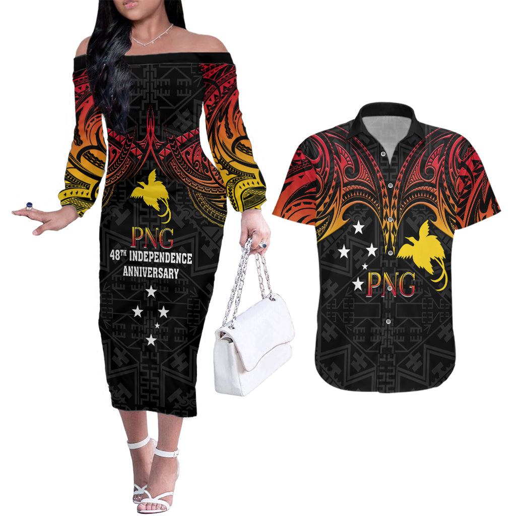 Papua New Guinea Couples Matching Off The Shoulder Long Sleeve Dress and Hawaiian Shirt 48th Independence Anniversary Gradient LT7 - Wonder Print Shop