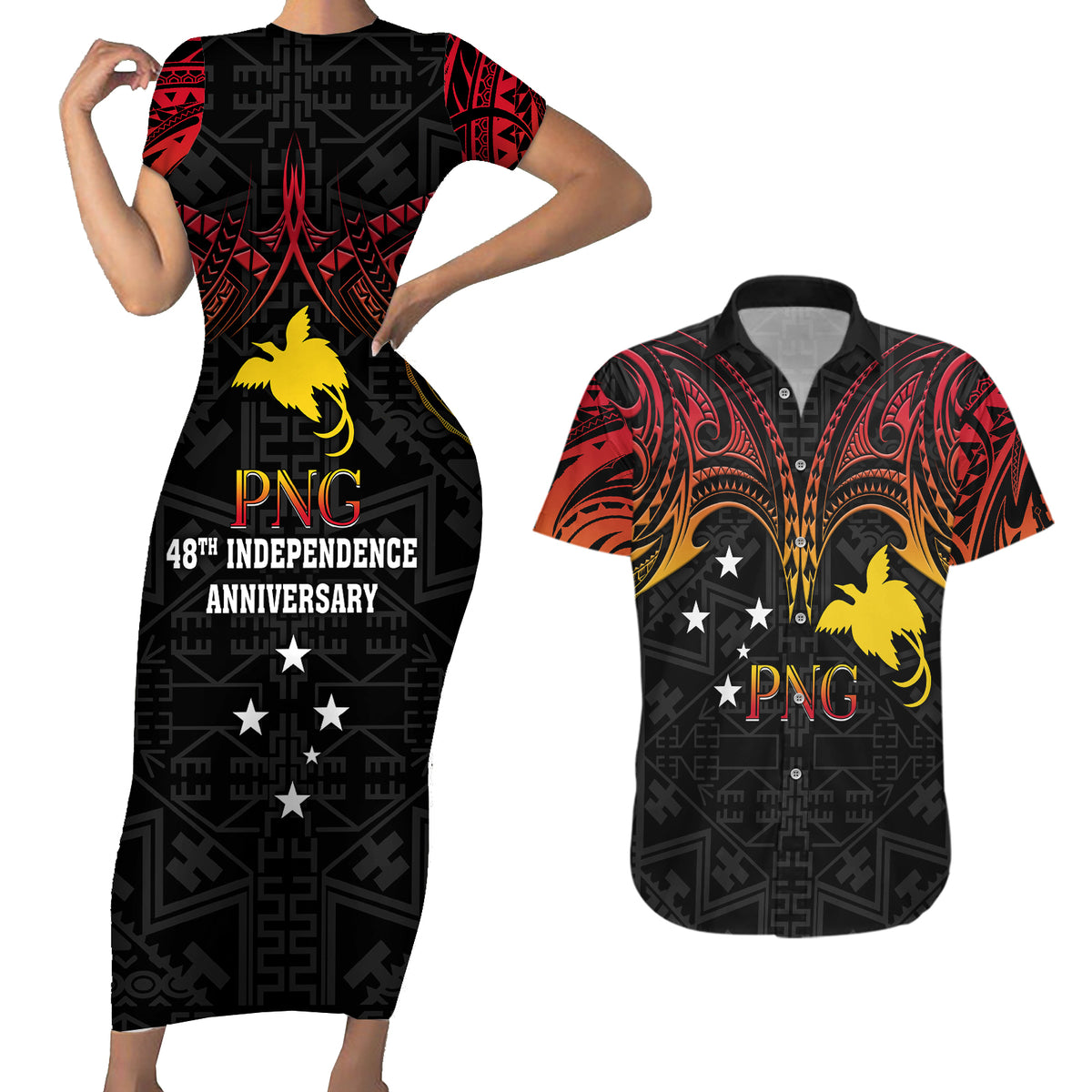 Papua New Guinea Couples Matching Short Sleeve Bodycon Dress and Hawaiian Shirt 48th Independence Anniversary Gradient LT7 - Wonder Print Shop