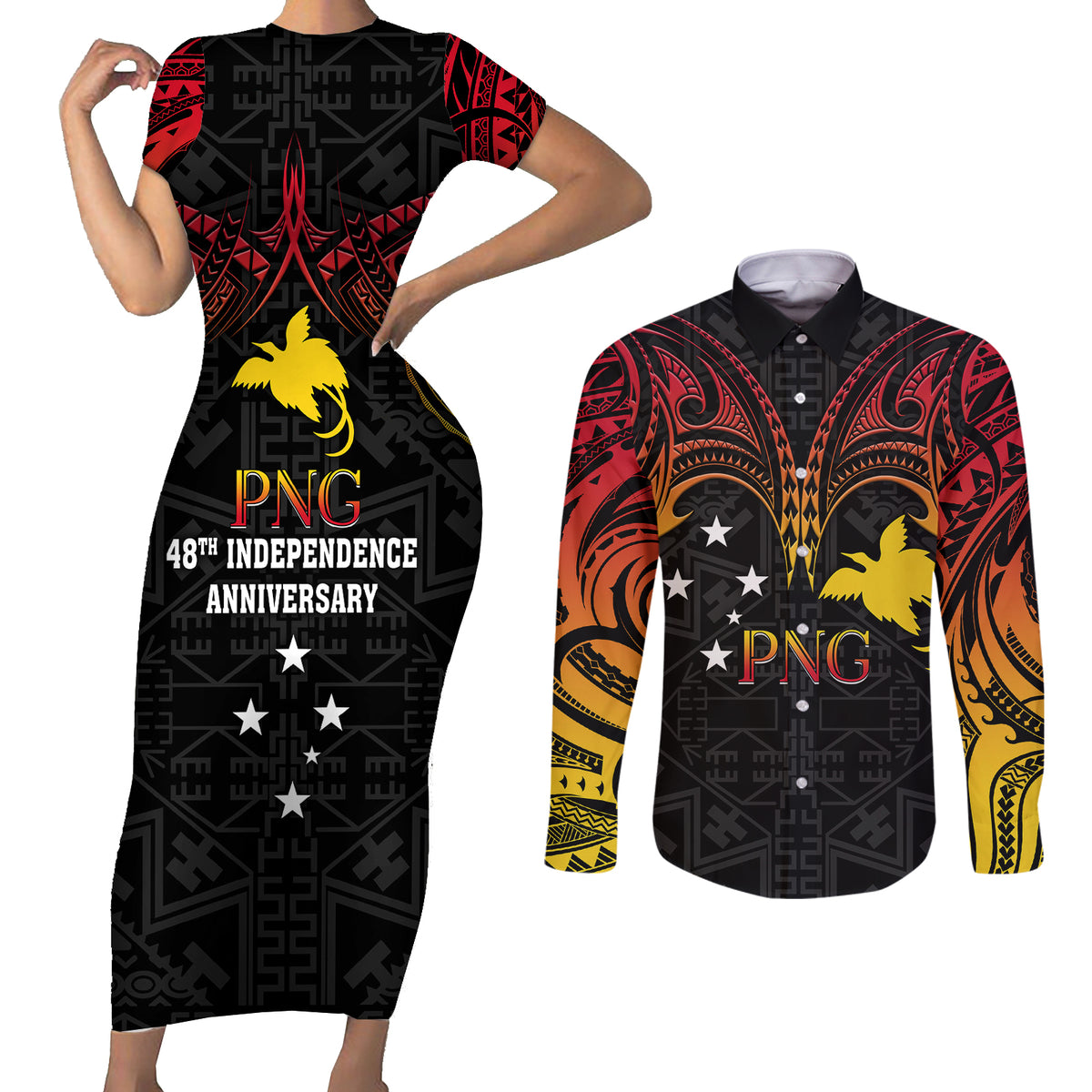 Papua New Guinea Couples Matching Short Sleeve Bodycon Dress and Long Sleeve Button Shirts 48th Independence Anniversary Gradient LT7 - Wonder Print Shop
