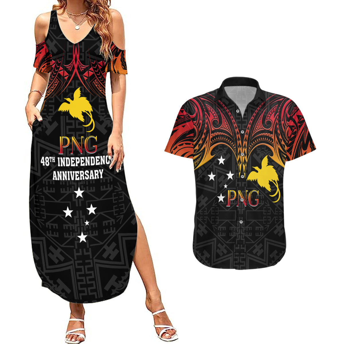 Papua New Guinea Couples Matching Summer Maxi Dress and Hawaiian Shirt 48th Independence Anniversary Gradient LT7 - Wonder Print Shop