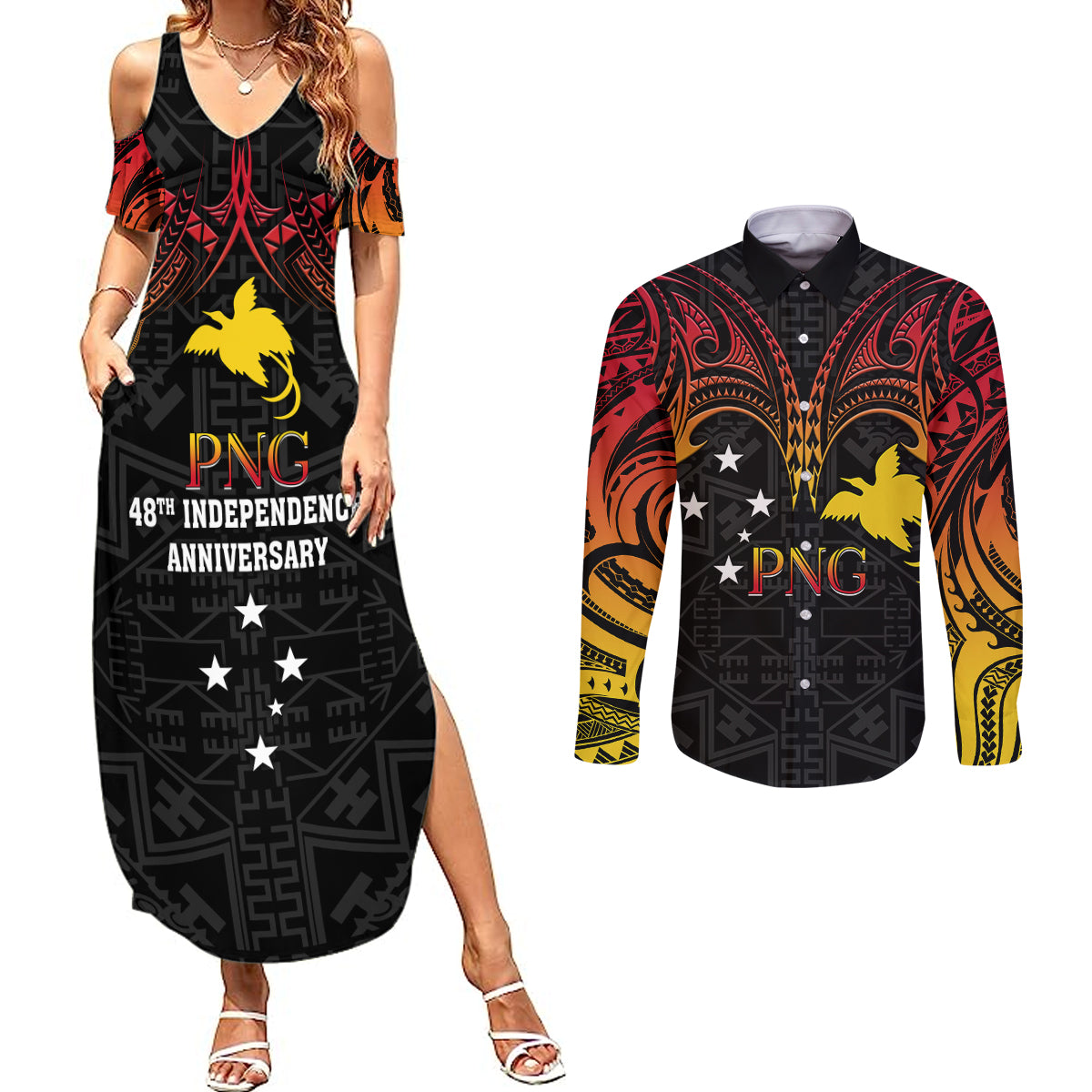 Papua New Guinea Couples Matching Summer Maxi Dress and Long Sleeve Button Shirts 48th Independence Anniversary Gradient LT7 - Wonder Print Shop