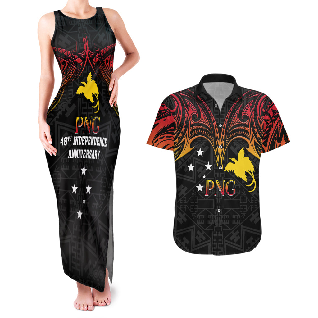 Papua New Guinea Couples Matching Tank Maxi Dress and Hawaiian Shirt 48th Independence Anniversary Gradient LT7 - Wonder Print Shop