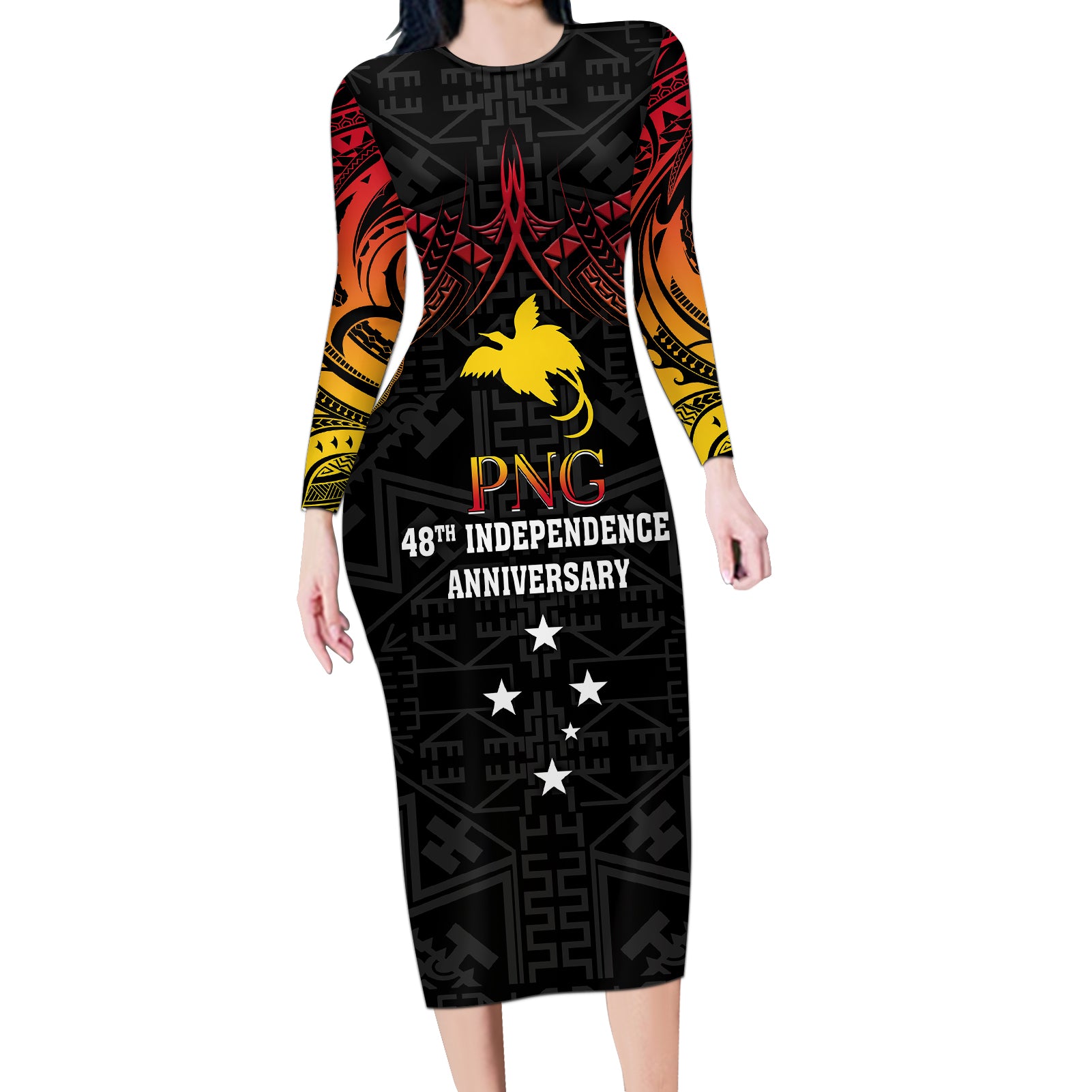 Papua New Guinea Long Sleeve Bodycon Dress 48th Independence Anniversary Gradient - Wonder Print Shop