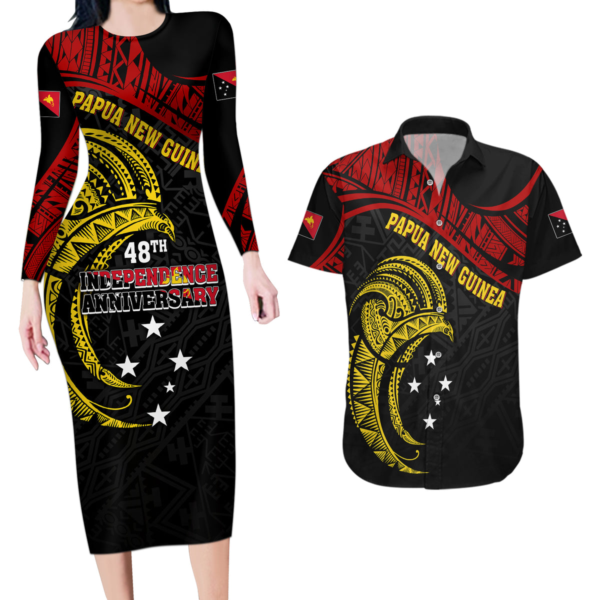 Papua New Guinea Couples Matching Long Sleeve Bodycon Dress and Hawaiian Shirt 48th Independence Anniversary Bird-of-Paradise Tribal Art LT7 - Wonder Print Shop