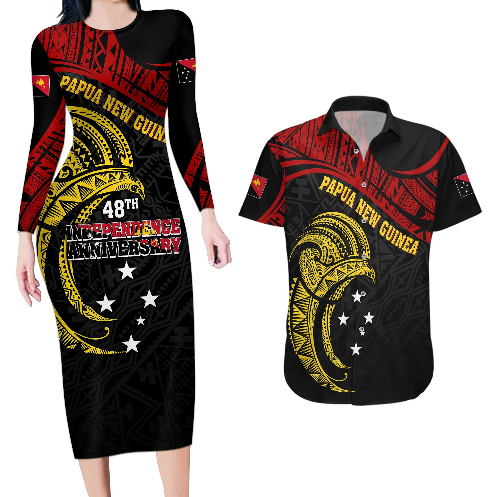 Papua New Guinea Couples Matching Long Sleeve Bodycon Dress and Hawaiian Shirt 48th Independence Anniversary Bird-of-Paradise Tribal Art LT7 - Wonder Print Shop