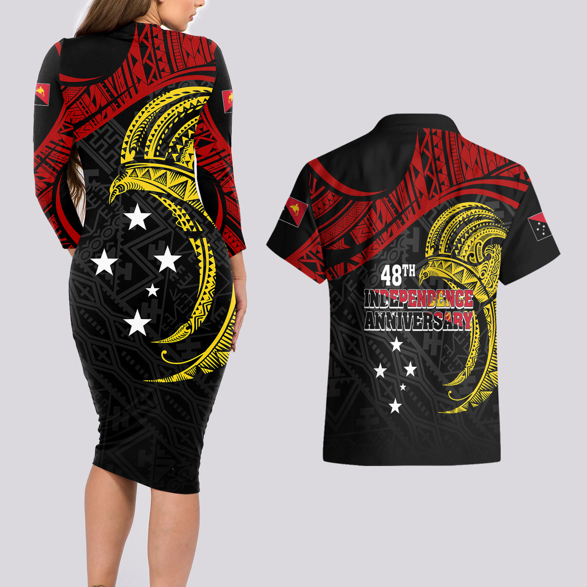 Papua New Guinea Couples Matching Long Sleeve Bodycon Dress and Hawaiian Shirt 48th Independence Anniversary Bird-of-Paradise Tribal Art LT7 - Wonder Print Shop