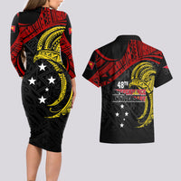 Papua New Guinea Couples Matching Long Sleeve Bodycon Dress and Hawaiian Shirt 48th Independence Anniversary Bird-of-Paradise Tribal Art LT7 - Wonder Print Shop