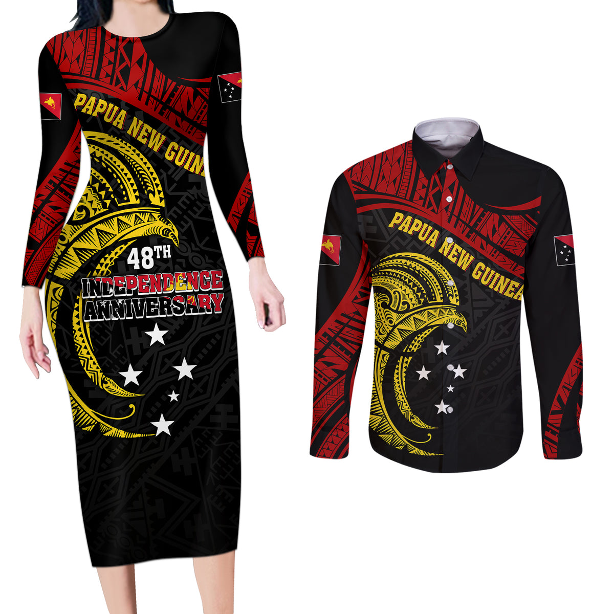 Papua New Guinea Couples Matching Long Sleeve Bodycon Dress and Long Sleeve Button Shirts 48th Independence Anniversary Bird-of-Paradise Tribal Art LT7 - Wonder Print Shop