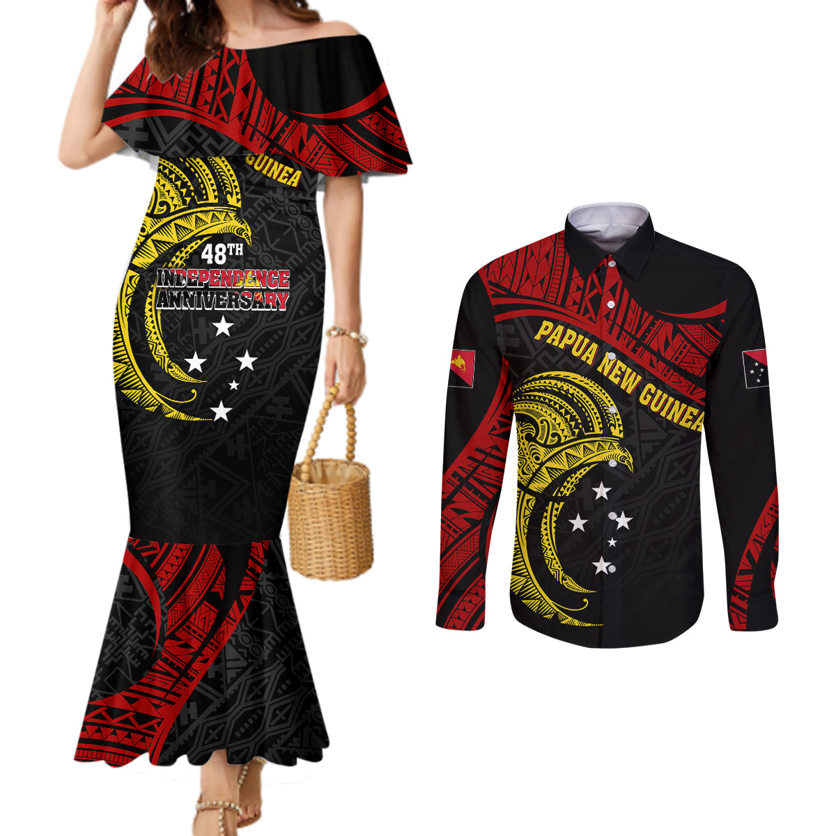 papua-new-guinea-couples-matching-mermaid-dress-and-long-sleeve-button-shirts-48th-independence-anniversary-bird-of-paradise-tribal-art