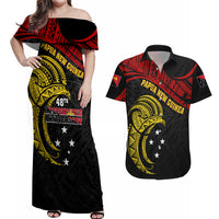 Papua New Guinea Couples Matching Off Shoulder Maxi Dress and Hawaiian Shirt 48th Independence Anniversary Bird-of-Paradise Tribal Art LT7 - Wonder Print Shop