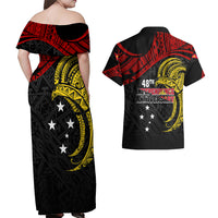 Papua New Guinea Couples Matching Off Shoulder Maxi Dress and Hawaiian Shirt 48th Independence Anniversary Bird-of-Paradise Tribal Art LT7 - Wonder Print Shop