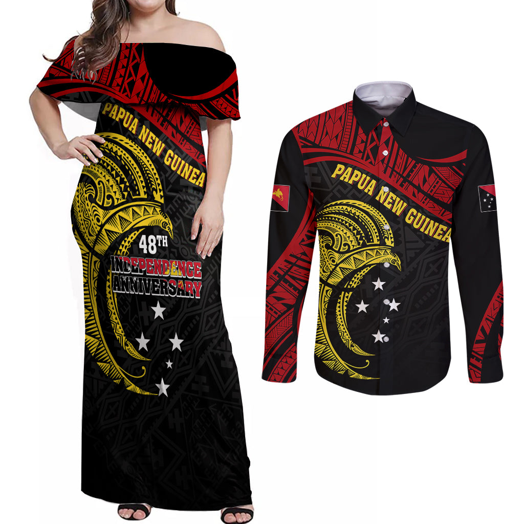 Papua New Guinea Couples Matching Off Shoulder Maxi Dress and Long Sleeve Button Shirts 48th Independence Anniversary Bird-of-Paradise Tribal Art LT7 - Wonder Print Shop
