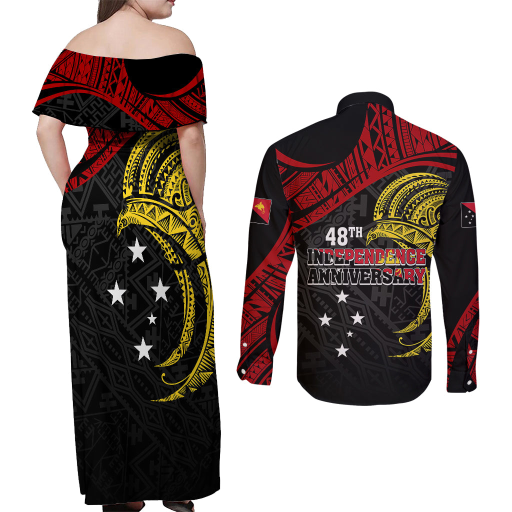 Papua New Guinea Couples Matching Off Shoulder Maxi Dress and Long Sleeve Button Shirts 48th Independence Anniversary Bird-of-Paradise Tribal Art LT7 - Wonder Print Shop